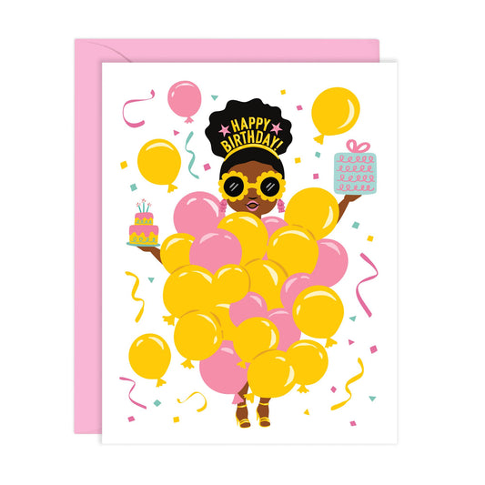 Lucy Loves Paper - Balloon Party Girl Birthday Card | Black Girl (A2)