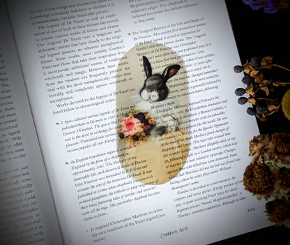 Dark Veinlet - Clear Bookmark - Vintage Rabbit Holding Flowers Illustration